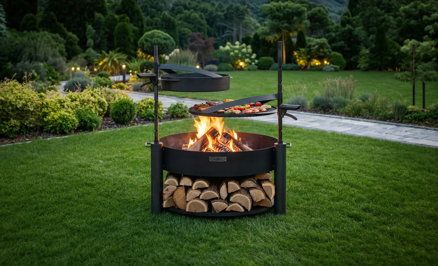 Fire bowlburning on a lawn at dusk