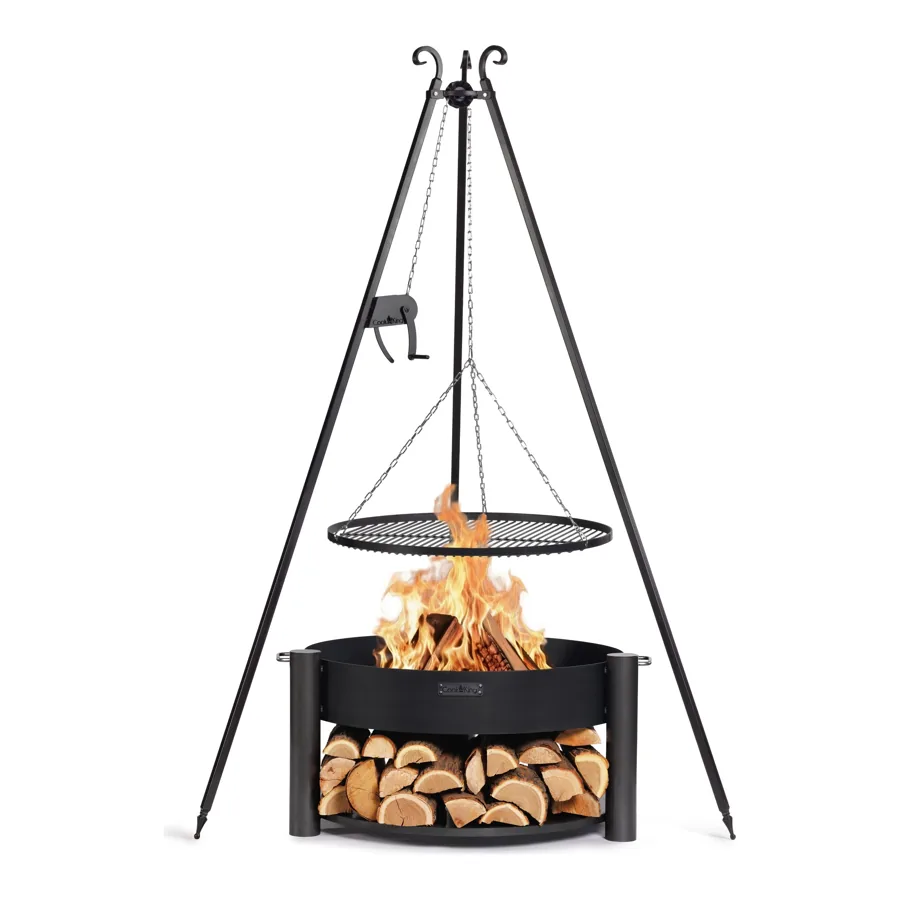 COOK KING tripod grill with a hanging grate over a fire bowl