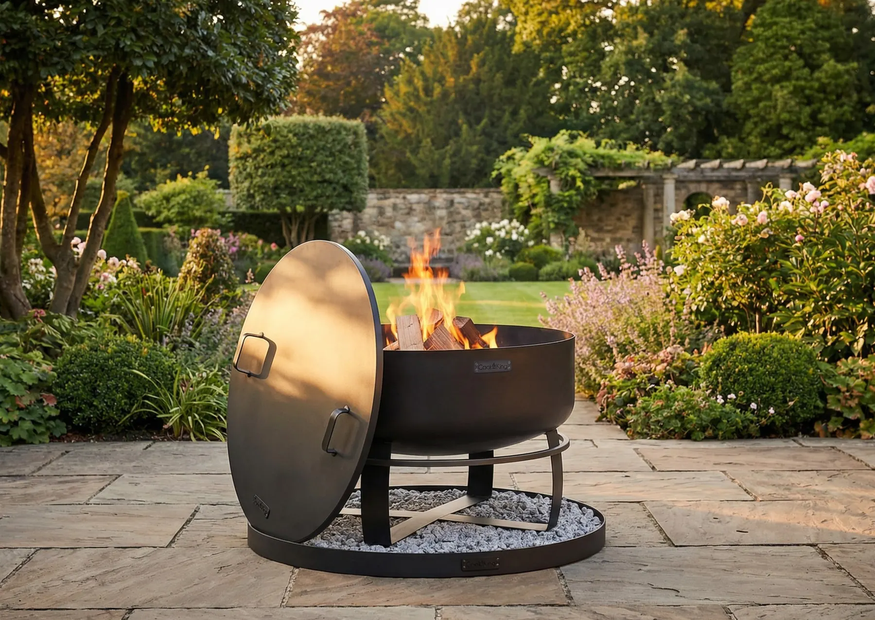Fire bowlwith its lid on a stone terrace